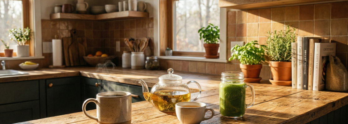 Moring healthy drinks on kitchen table