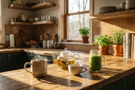 Moring healthy drinks on kitchen table